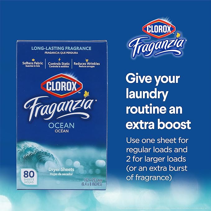 Clorox Fraganzia Fabric Softener Dryer Sheets, Ocean Scent - Wrinkle Reducing Scented Softening Laundry Dryer Sheets for Great Smelling Clothes, 80 Count