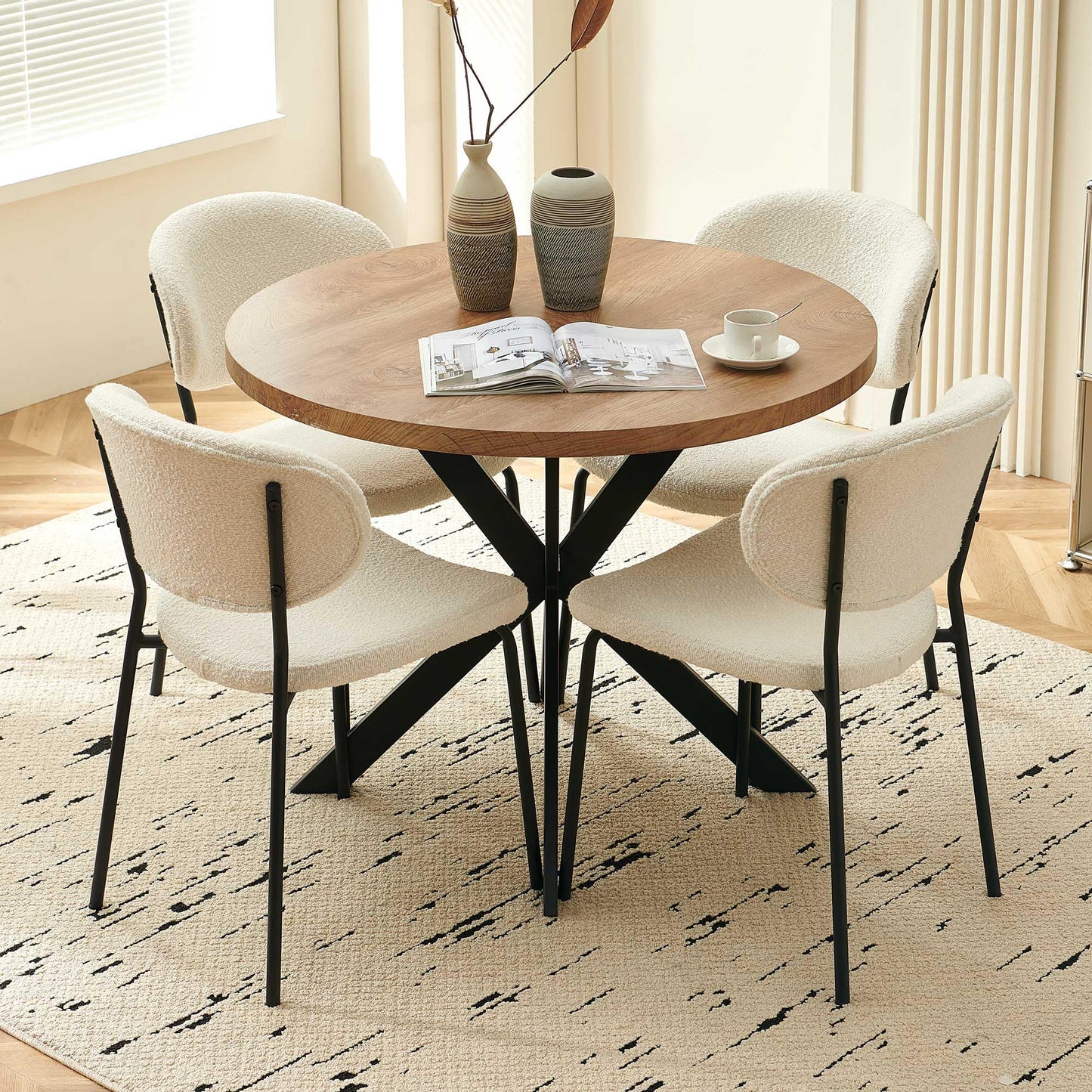 Homedot Round Dining Table Set for 4, Modern 5-Piece Kitchen Table Set, 37" Round MDF Living Coffee Table with 4 Seated Boucle Dining Chairs Upholstered, Metal Legs for Dining Hall, Living Room