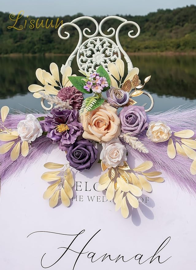 Wedding Arch Flowers, Artificial Floral Decor for Wedding Ceremony & Reception, Standard Size Large Flower Swag Set for Backdrop & Welcome Sign, Pack of 2 (Purple Pampas)