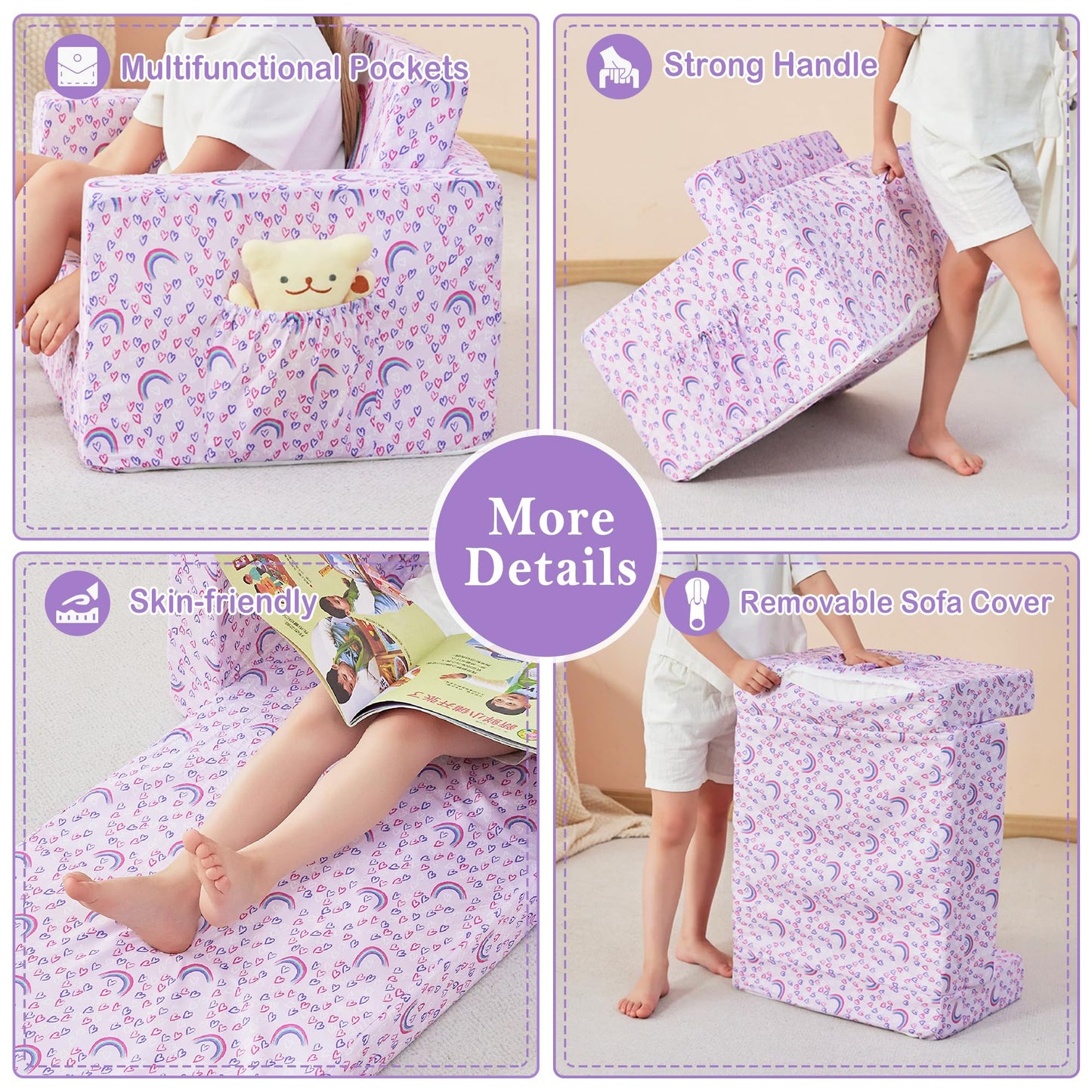 lasoftan Kids Sofa for Toddler, 2-in-1 Toddler Couch Fold Out, Convertible Sofa to Lounger Bed for Girls and Boys, with Removable Cover & Double Pockets - Purple Rainbow