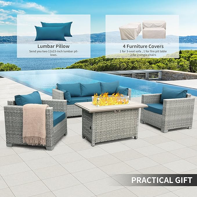WAROOM Patio Furniture Set 4 Piece Wicker Conversation Sets PE Rattan Chair Outdoor Couch Sectional Sofa with Fire Pit Table, Peacock Blue Cushion