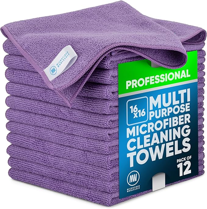 MW Pro Microfiber Cleaning Cloth | Purple | 12 Pack | 16” x 16” | All Purpose Microfiber Towels - Clean, Dust, Polish, Scrub, Absorbent