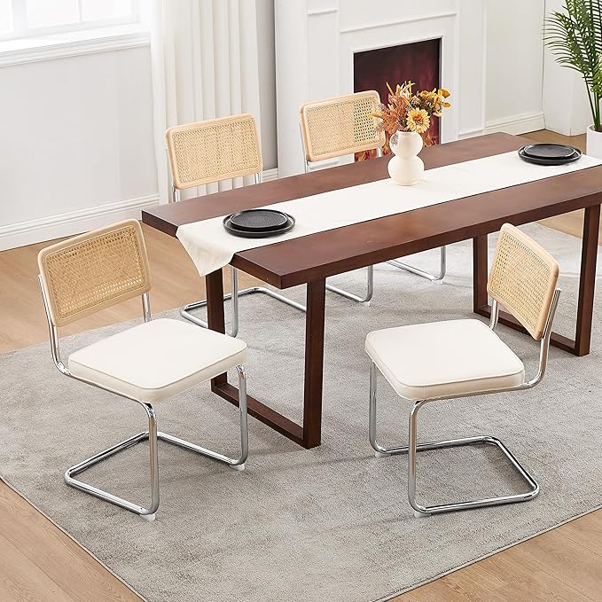 Zesthouse Natural Rattan Dining Chairs Set of 4, Mid Century Modern Dining Chairs with Solid Wood Back & Chrome Base, for Kitchen Living Room, Breuer Design Inspired, Upholstered Linen Fabric, White