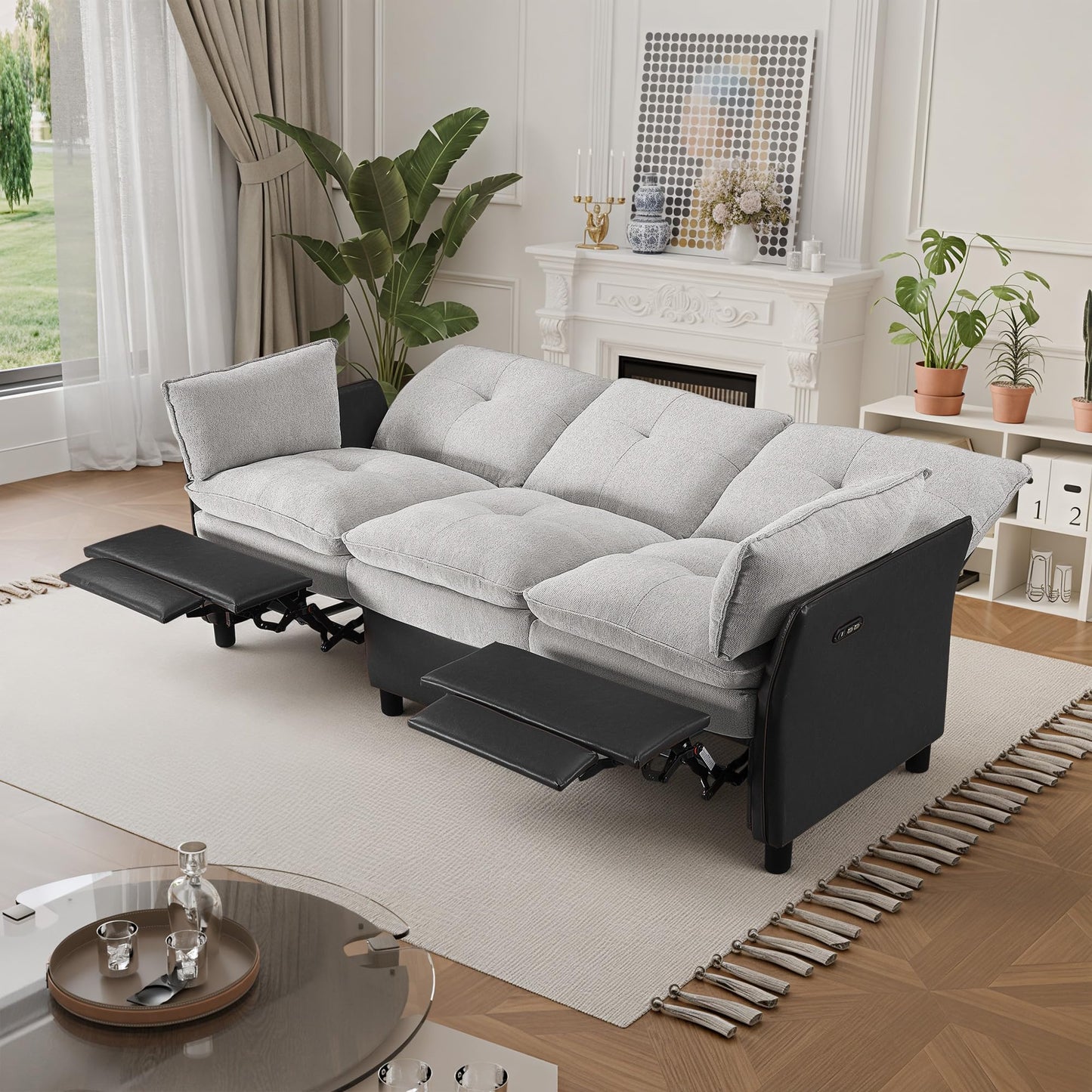 Casaphoria 3 Seater Electric Reclining Sofa, Modern Two-Tone Gray & Black with Double-Layer Seat Cushion, USB Port, Power Recliner for Living Room, Home Theater, Apartment
