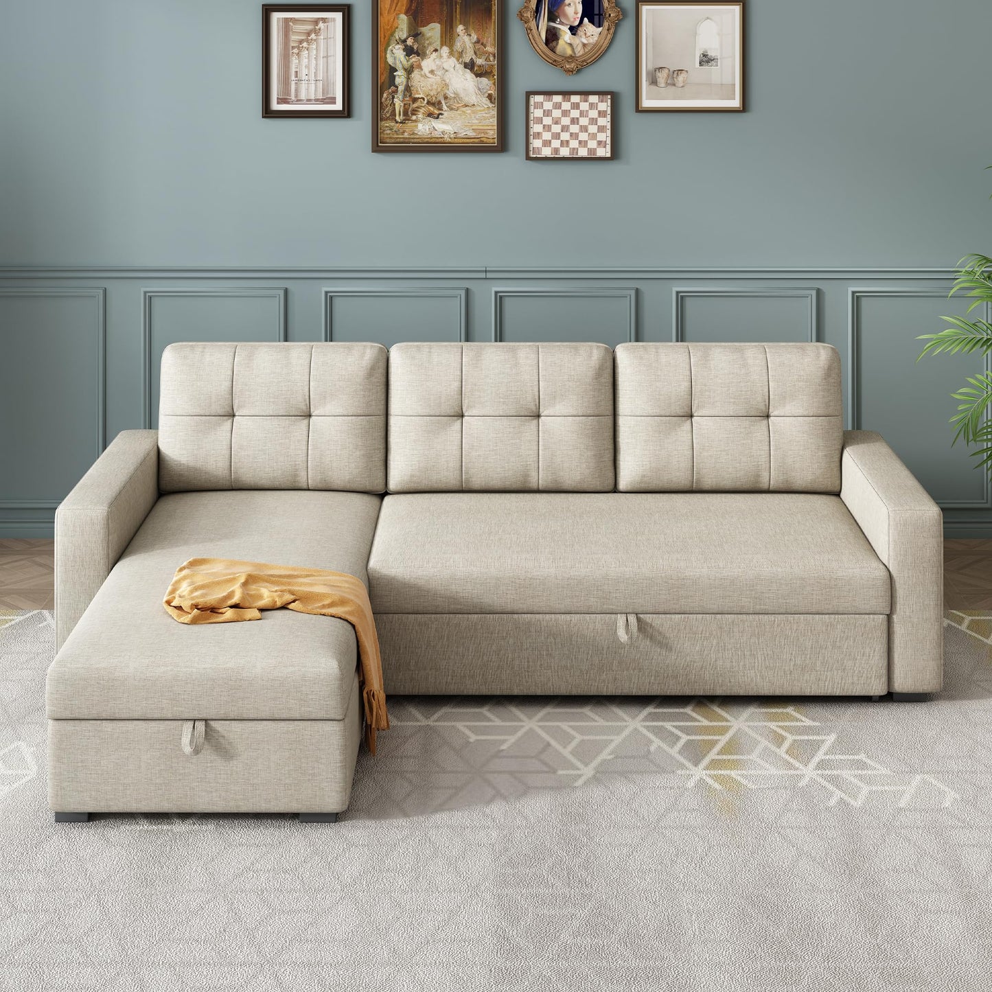 YOPTO L-Shape Reversible Sectional Sleeper Sofa Bed 4 in 1 Pull Out Couch with Storage Chaise & Removable Back Cushions,Convertible Sleeper Corner Couch Pull-Out Sofa Bed for Living Room,Office