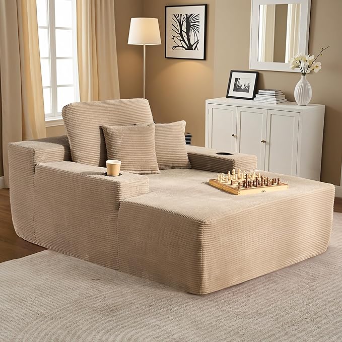 ovios 67'' Chaise Lounge Chair Indoor, Oversized Upholstered Sofa Bed with Cup Holders, Sleeper Couch Reading Chairs Fluffy Plush Corduroy Cloud Sofas Couches Living Room, Camel