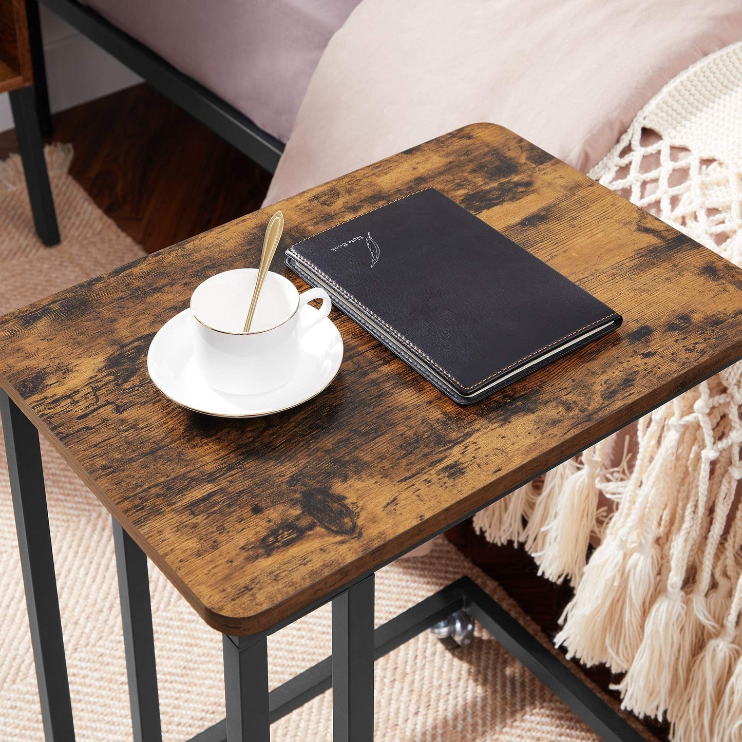 VASAGLE End Table, C Shaped TV Tray with Metal Frame Rolling Casters, Industrial Side Table for Living Room Bedroom, 19.7 x 13.8 x 23.6 Inches, Rustic Brown and Black
