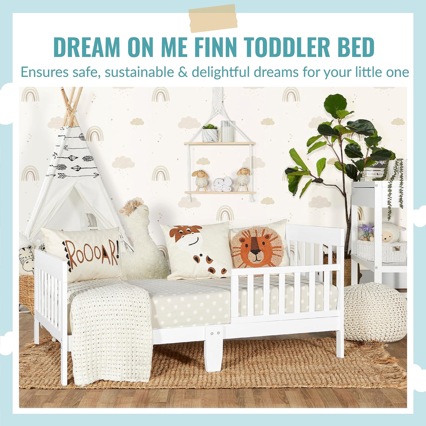 Dream On Me Finn Toddler Bed in White, Greenguard Gold and JPMA Certified, Non-Toxic Finish, Made of Sustainable New Zealand Pinewood, Wooden Nursery Furniture