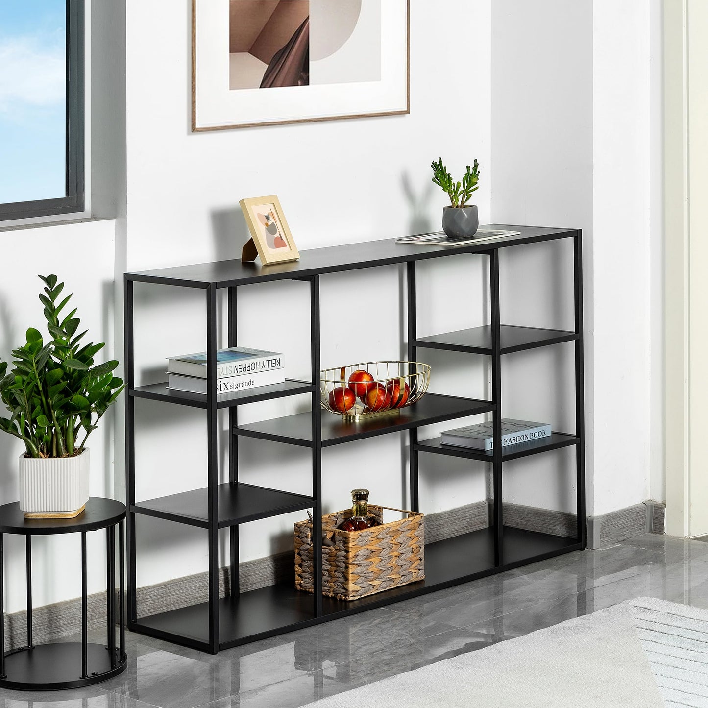 Leinade 47 Inch Metal Console Table with 8 Storage Shelves,Extra Long Entryway Table,Narrow Sofa Table,Hallway Table for Entrances to Corridor,Foyer,Living Room (Black, 47.24×11.81×31.5in)