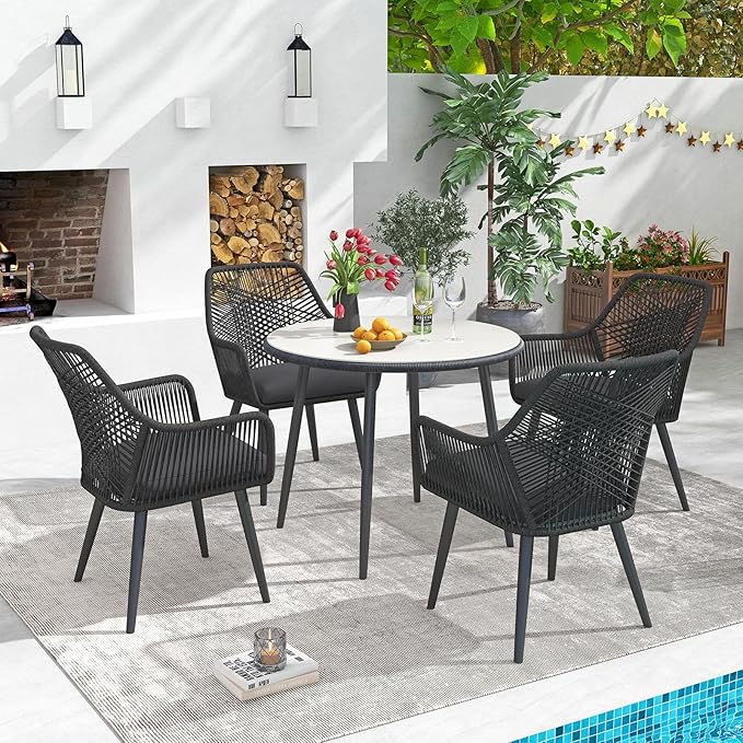 Patiorama Patio Dining Chair Set of 2,Woven Rope Outdoor Dining Chairs w/Steel Frame,All-Weather Twisted Rattan Chairs w/Armrest & Cushion,Outdoor Dining Wicker Chairs for Backyard Garden(Dark Grey)