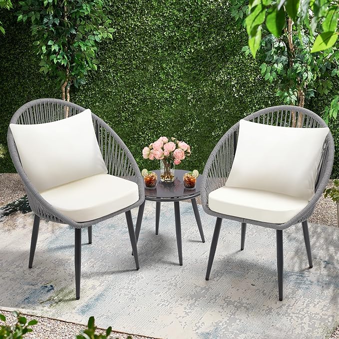 wildformers 3 Pieces Bistro Set, Woven Rope Chair with Cushions, All Weather Patio Conversation Set and Side Table, Ideal for Deck, Balcony, Poolside, Grey
