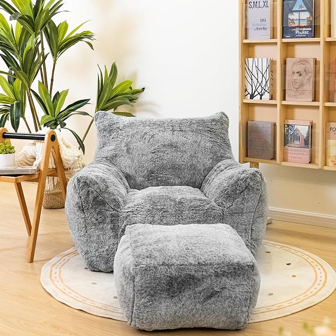 Cvortll Bean Bag Chair with Ottoman, Armrest Bean Bag Chairs with Filler, Ultra Soft Fluffy Faux Fur Bean Bag Chair with Foot Rest, Plush Lazy Sofa with Foot Stool for Living Room, Dorm