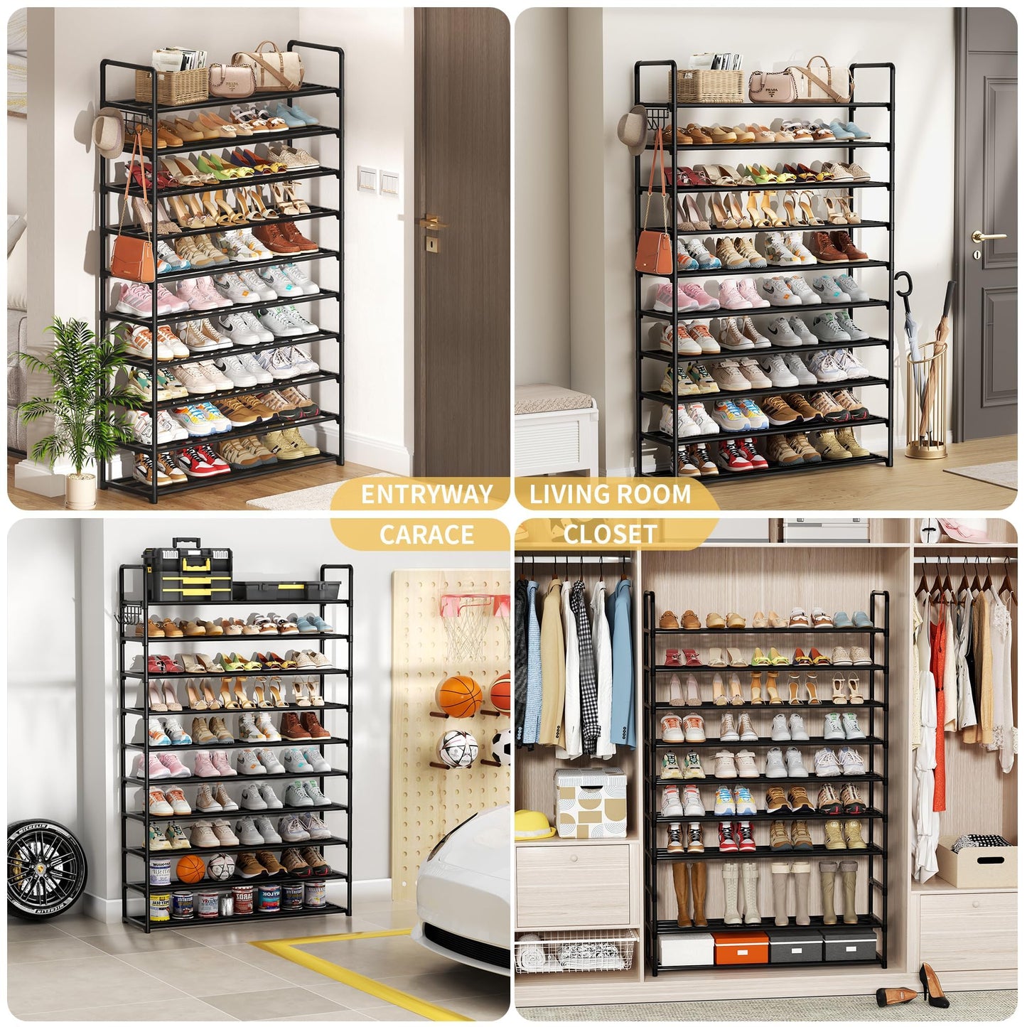 HOMICKER 10-Tier Shoe Organizer - Large Metal Shoe Rack with Hooks, Fits 40-50 Pairs, Ideal for Closet, Entryway, Garage, Bedroom