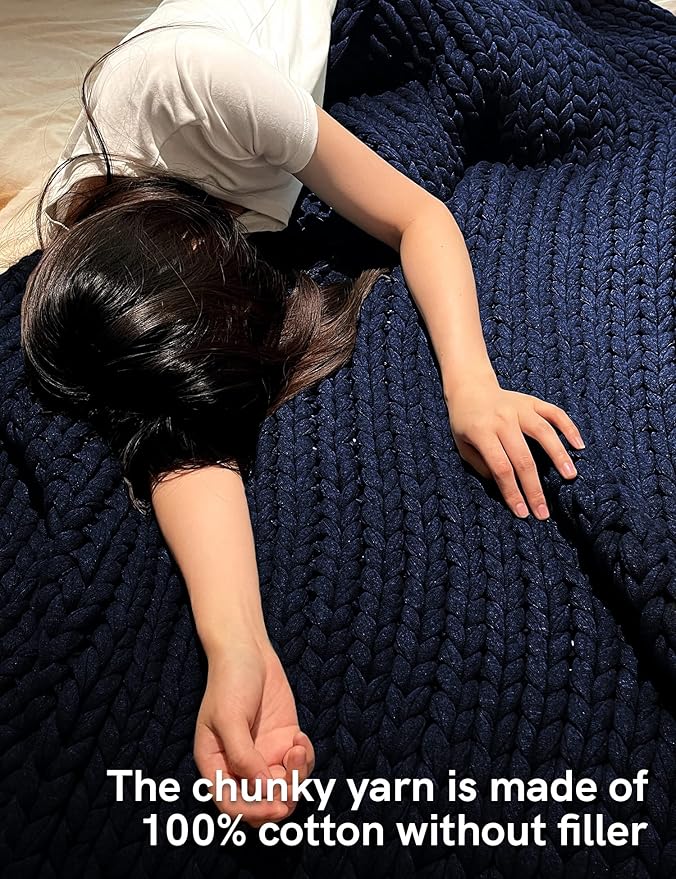 YnM 100% Cotton Weighted Blanket, Handmade Chunky Knitted Throw, No fillers Design, Soft and Breathable, Machine Washable Bed Blanket for Sleep or Home Decor (Navy Blue, 60x80 Inch, 25lbs)