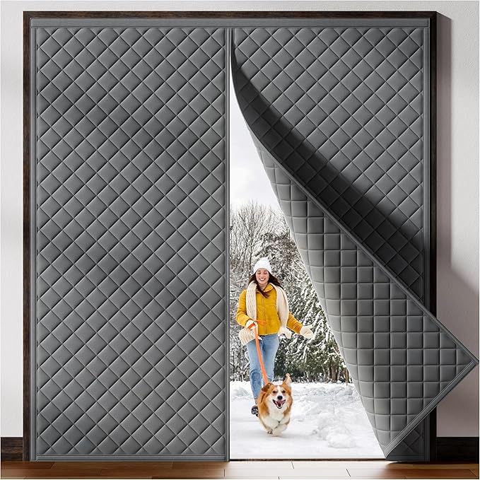 Magnetic Thermal Insulated Door Curtain Fit Door Size 72" x 80", Quilted Oxford Fabric Thicken Cotton Fill, Winter Cover Keep Cold Draft Out, Blanket Insulation for Front Patio Doors Gray