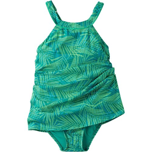 Lands' End Womens Chlorine Resistant High Neck Swim Dress Island Emerald Stipple Palm Regular 6