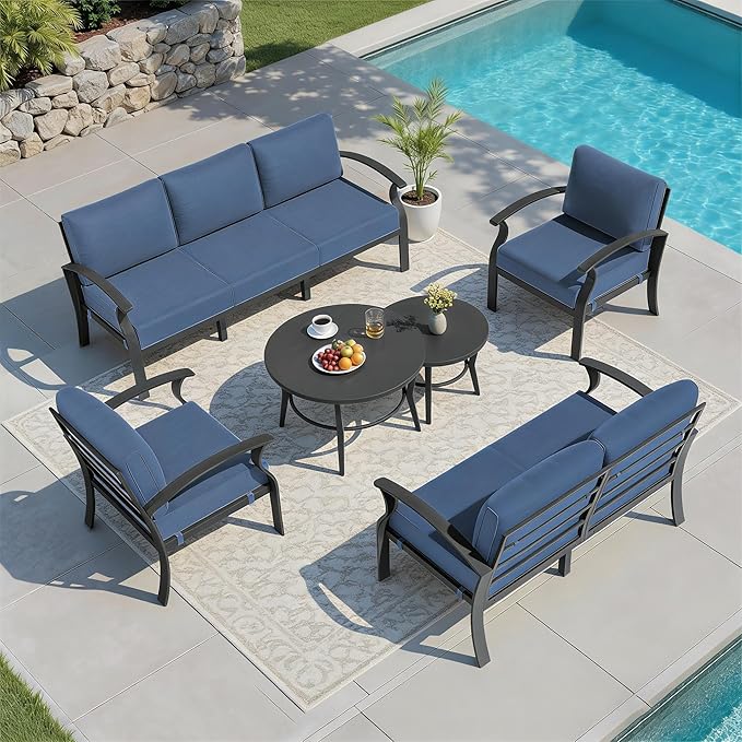 RTDTD Aluminum Outdoor Patio Furniture Set,7 Seats Patio Conversation Sets with 2 Round Coffee Tables,Metal Patio Sectional Furniture Set with 5.1" Thickened Cushions,Navy Blue