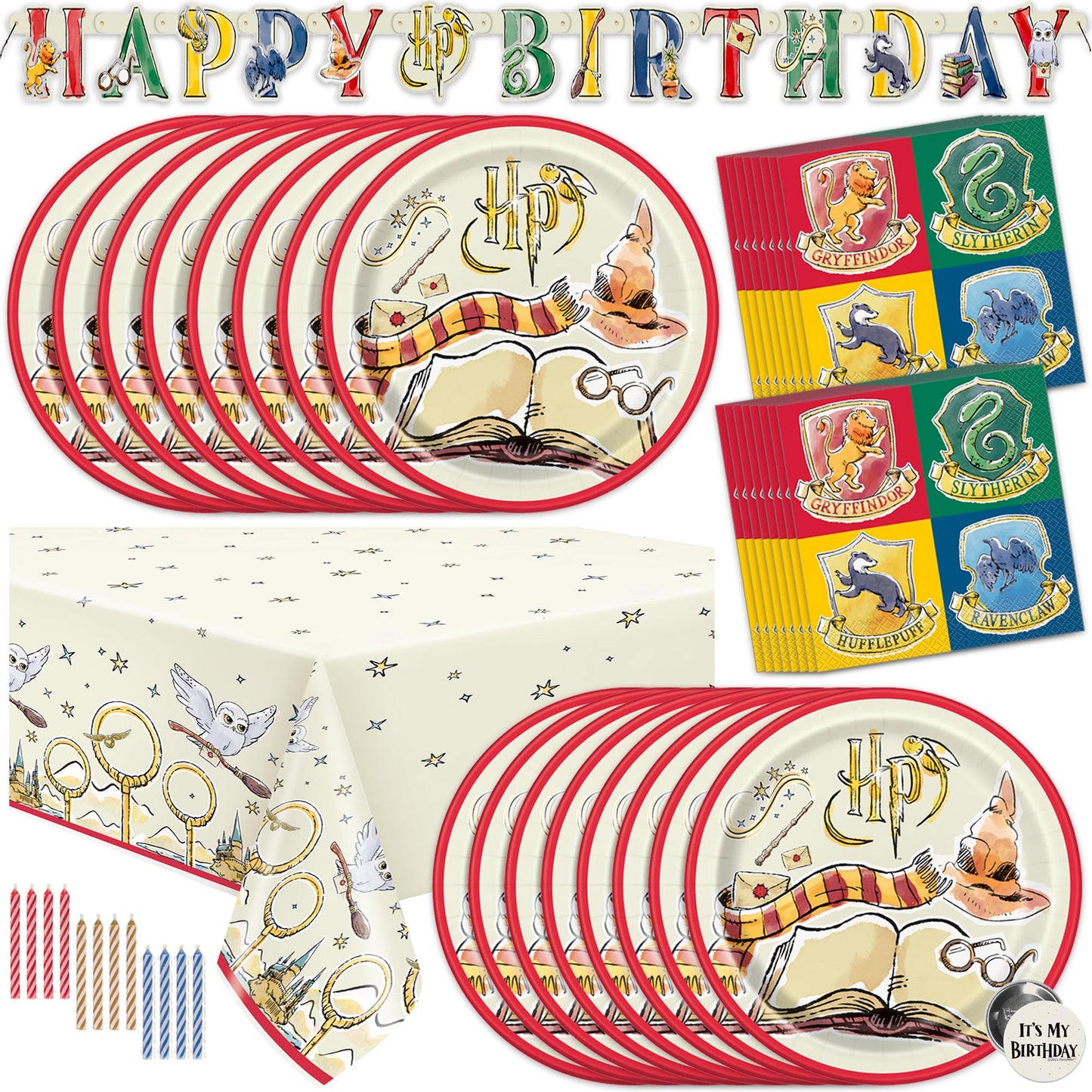 Harry Potter Birthday Decorations Kit | Harry Potter Birthday Party Supplies | With Harry Potter Table Cover, Banner, Dinner Plates, Napkins, Candles, Button | Serves 16