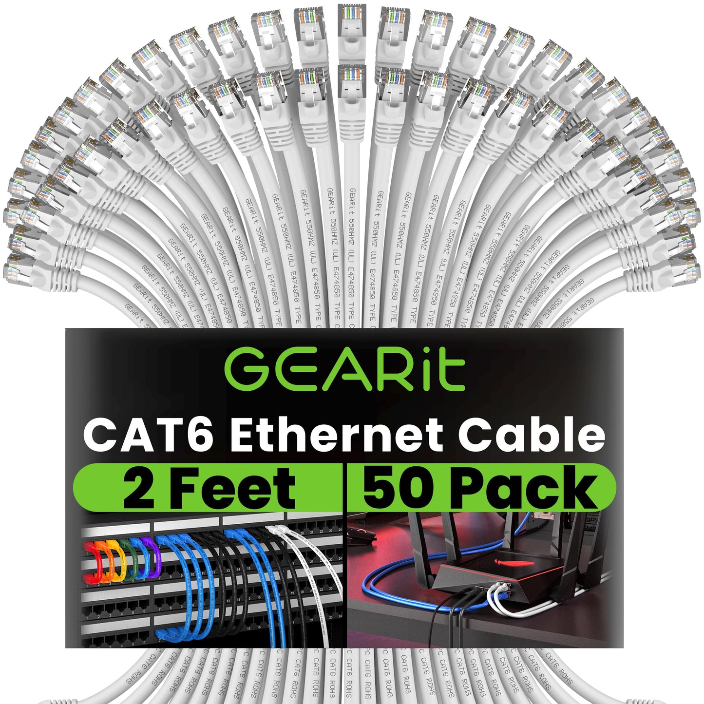 Gearit Cat 6 Ethernet Cable (50-Pack 2 Feet) Cat6 Network Patch, 10Gbps, Rj45, Snagless Cord, Gold-Plated Connectors, Internet F
