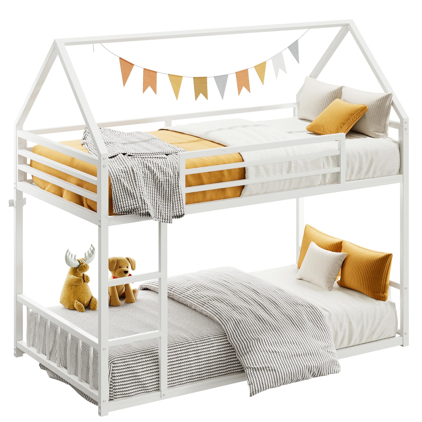 LIKIMIO Bunk Bed Twin Over Twin, House Bunk Bed Frame with Ladder and Guardrail, House Shaped with Metal Slats for Dormitory and Bedroom, Space Saving, No Box Spring Needed, White