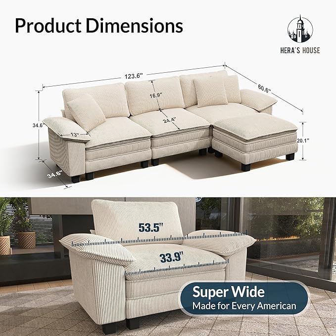 HERA'S HOUSE 124" Modular Sectional Sofa, Oversized L Shaped Couches for Living Room, Comfy Cloud Couch with Ottoman, 4-Seater Deep Seat Sofa with Throw Pillow, Corduroy Beige