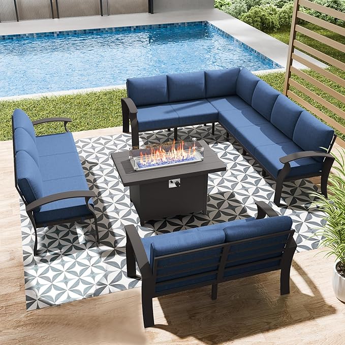 RTDTD Aluminum Outdoor Patio Furniture Set,11 Seats Patio Conversation Sets with 45" Propane Fire Pit Table,Metal Patio Sectional Furniture Set with 5.1" Thickened Cushions,Navy Blue
