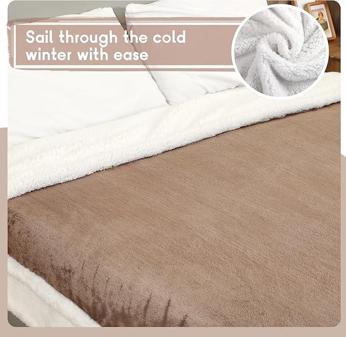 Heated Blanket Electric Throw Size 50''x60'' with 9 Heating Levels, 3 Hour Auto Shut Off, Machine Washable, Flannel & Sherpa Double-Sided Soft Warming Blanket for Couch, Bed, Office - Brown