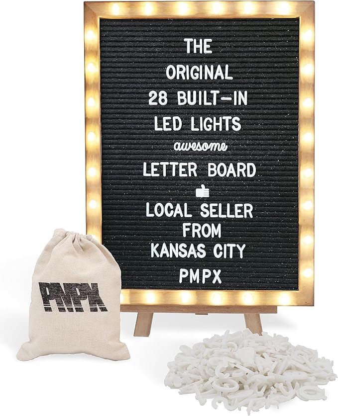 Letter Board THE ORIGINAL Black Felt Board with Stand, Built-in LED Lights 12 x 16 -Menu Board + Wood Frame, 690 Letters, ...