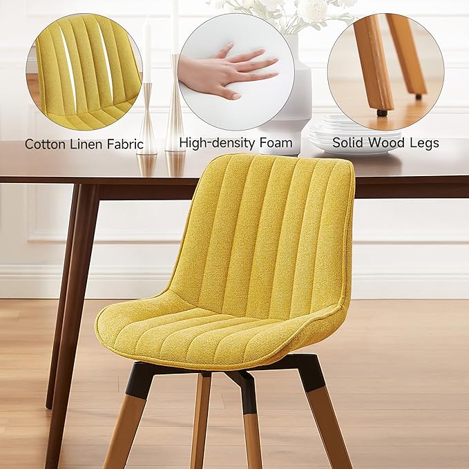Art Leon Swivel Dining Chairs Set of 2, Mid Century Modern Kitchen Dining Room Chairs, Upholstered Fabric Armless Side Chair with Wood Legs for Living Room Bedroom, Yellow