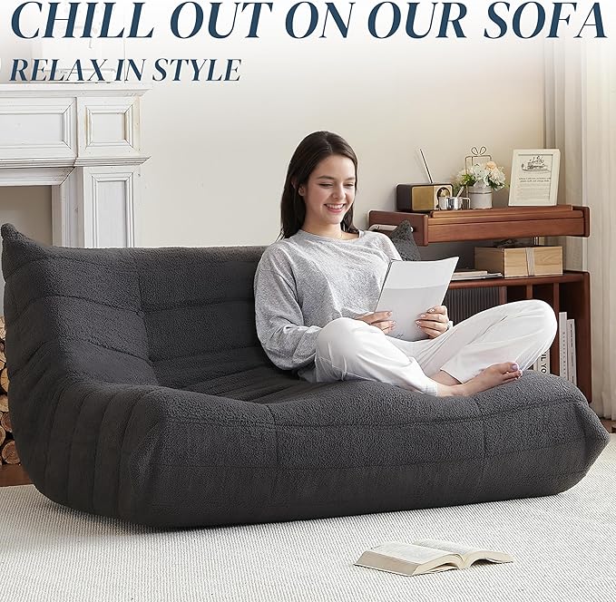 Bean Bag Chair, Loveseat Fireside Chair Bean Bag Sofa for Adults, 2 Seater Bean Bag Chairs for Teens with High-Resilience Foam, Memory Foam Bean Bag for Living Room, Bedroom, Office (Teddy, Dark Gray)