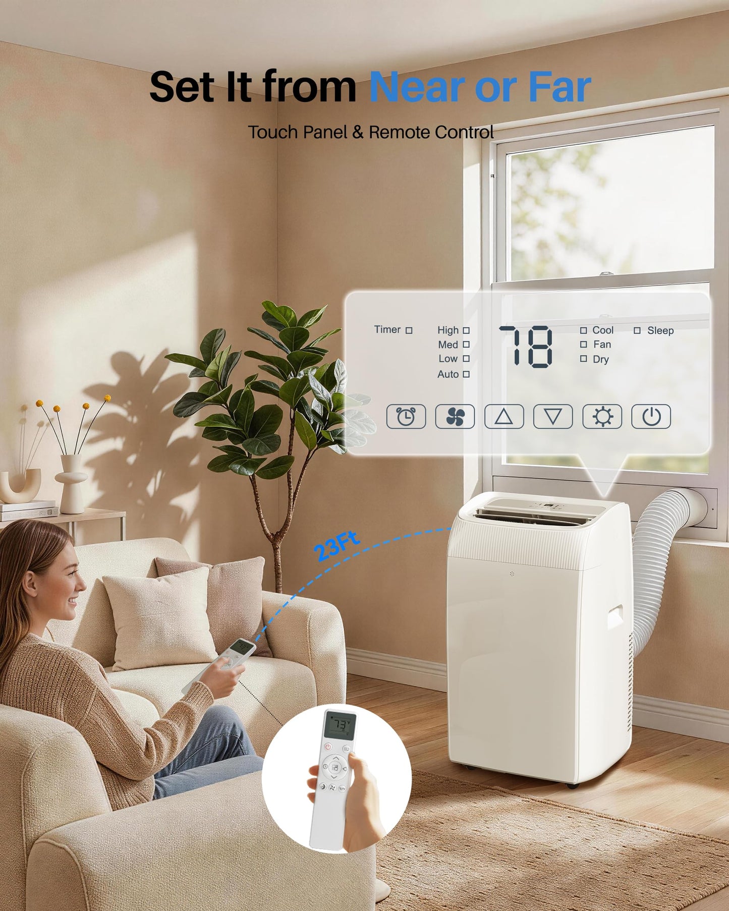 Feelfunn 12,000 BTU Portable Air Conditioner - Multi-Function Portable AC Unit Cools Up to 550 Sq. Ft., with Ultra-Quiet(42db), Auto Swing, 24H Timer, AC Unit for Bedroom, Dorm, Apartment