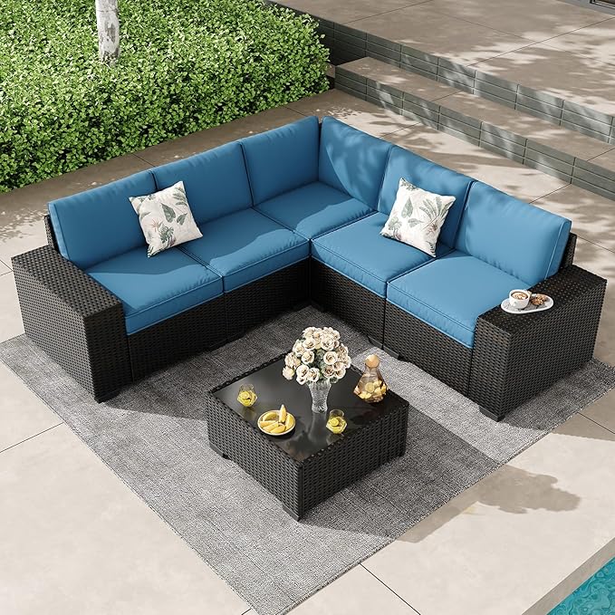 SunloungeCo Patio Furniture Set, 6 Pieces Outdoor Couch Sofa with Wider Armrests & Glass Coffee Table, Outdoor Sectional Furniture with Thick Cushions for Party, Poolside,Garden-Peacock