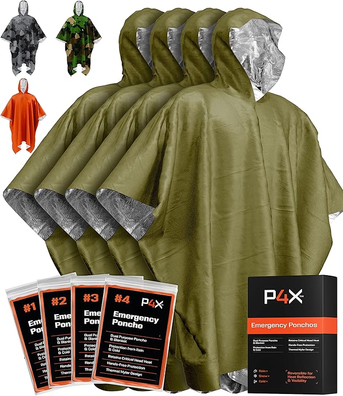 PREPARED4X Emergency Poncho and Mylar Blanket Liner - Waterproof, Wind-Resistant Outdoor Rain Poncho for Camping, Emergencies