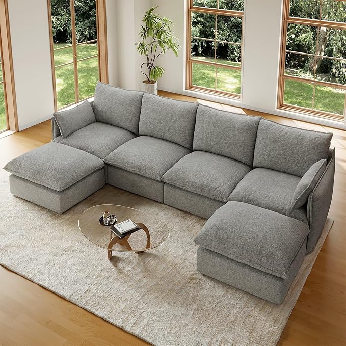 Forest aesthetics 124" L Shape Cloud Modular Sectional,4 Seater with Chaise Waterproof High Backrest Sectional Sofas,Down Filled Modular Couch with Removable Washable Cover for Living Room,Dark Gray