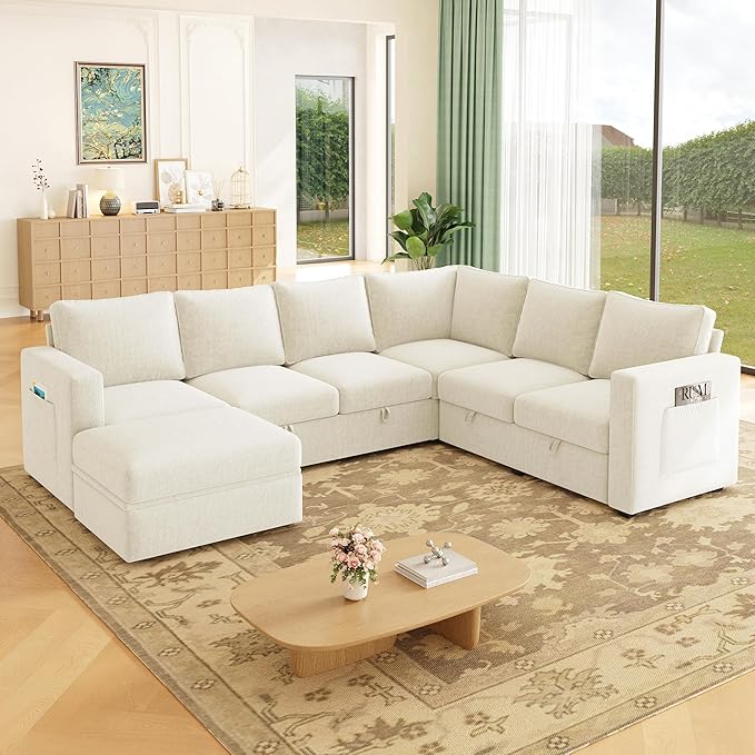 SUAWY 106.7" Sectional Sleeper Sofa with Pull Out Couch, Modern 7 Seat U Shaped Modular Couch, Sectionals Modular Sofa with Storage, Comfy Sectional Couches for Living Room & Apartment, Beige