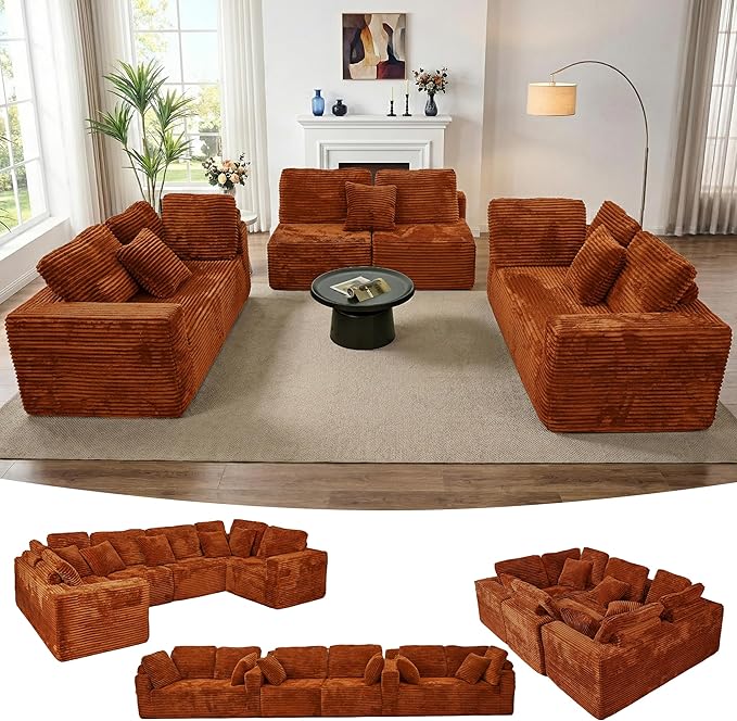 135.5" Cloud Sectional Couch,Boneless Corduroy Sofa for Living Room,Oversized U Shaped Sofa with Chaise,Deep Seat,No Assembly Required,Modular Sectional Sofa（Orange）