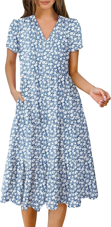 ANRABESS Women's Summer Casual Short Sleeve V Neck Midi Dresses 2026 Spring Flowy A-line Tiered T Shirts Boho Beach Dress