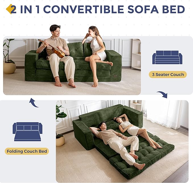 MAXYOYO Convertible Sofa Bed, Pull Out 3 Seater Sleeper Sofa, 2 in 3 Folding Couch Bed, Fold Out Floor Couch with Pillows for Living Room Bedroom Lounge, Dark Green