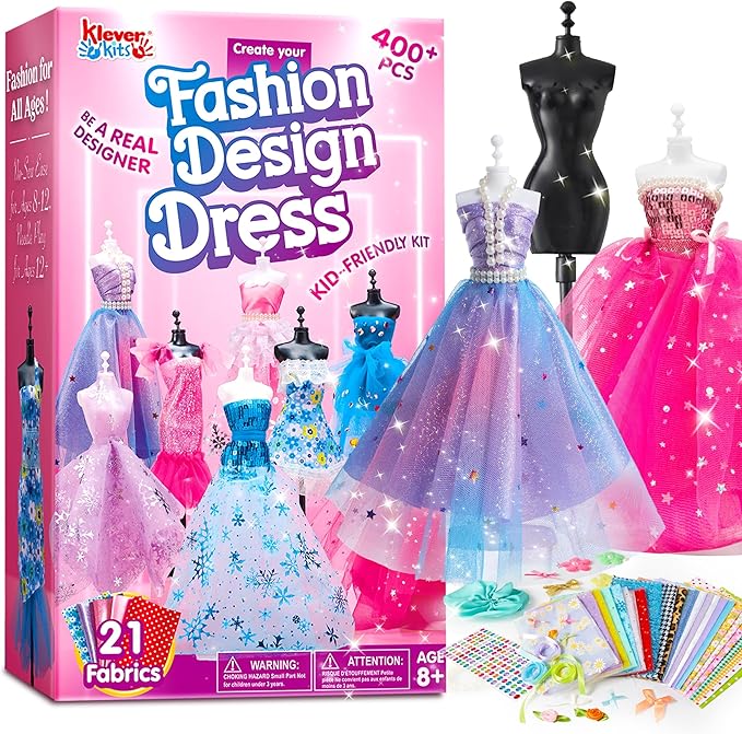 Klever Kits 400+PCS Fashion Design Crafts for Kids, Art and Crafts, DIY Sewing Kits with 3 Mannequins for Girls Aged 8-12,...