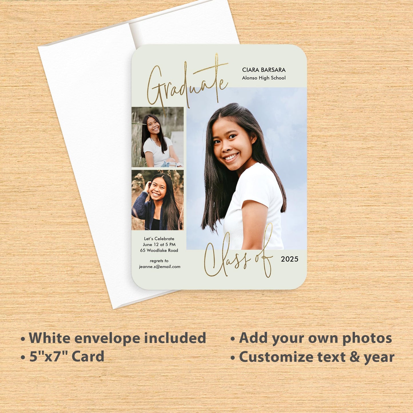 Let's Make Memories Personalized Graduation Announcements Class of 2025-15 Premium Quality Invitations - 5x7 - Custom Photo Cards & White Envelopes - Sage Scholar - 15 ct