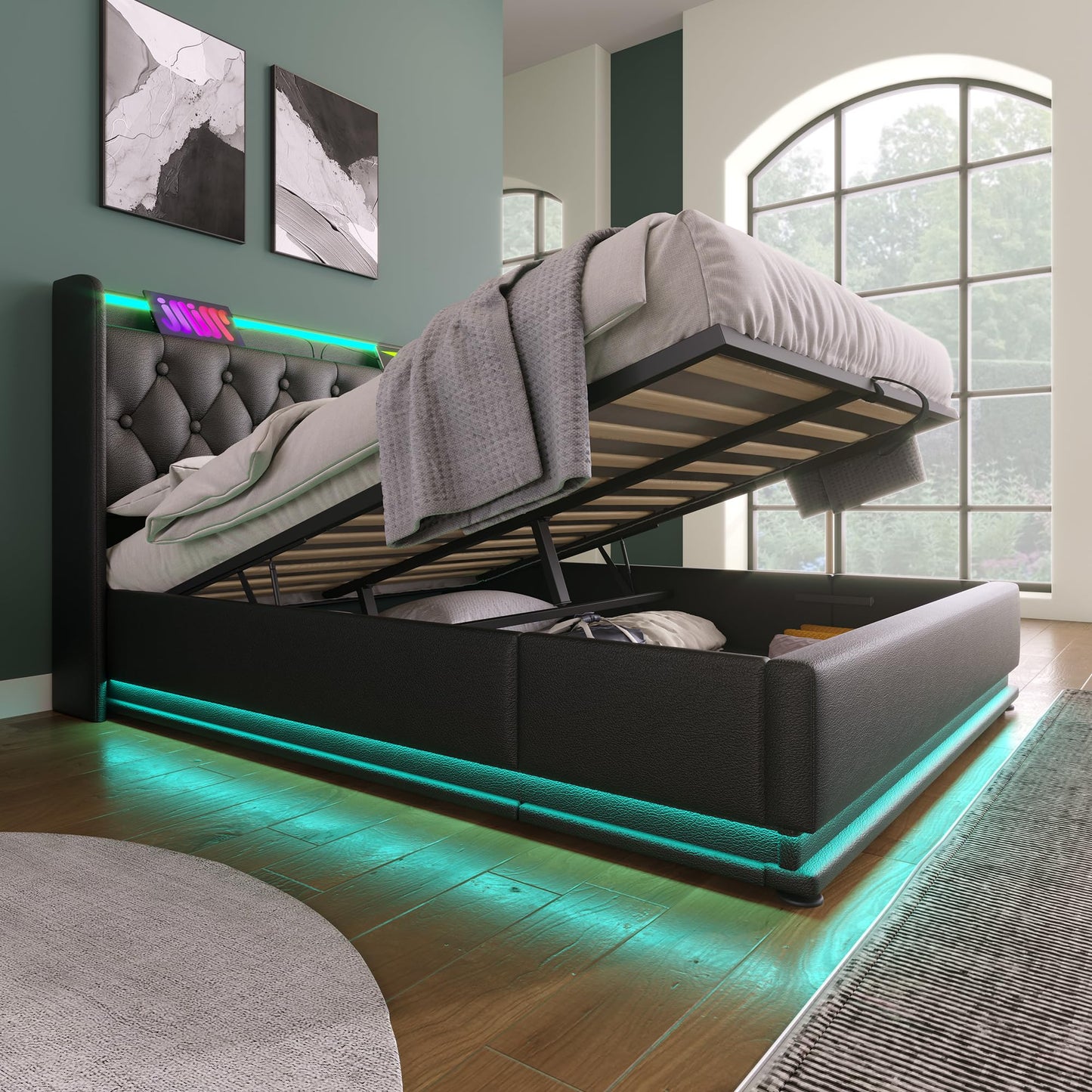 Queen Lift Up Bed with Charging Station & LED Lights, Upholstered Bed Frame with Modern Wingback Storage Headboard, Hydraulic Storage, Wood Slats Support, No Box Spring Needed, Easy Assembly, Black