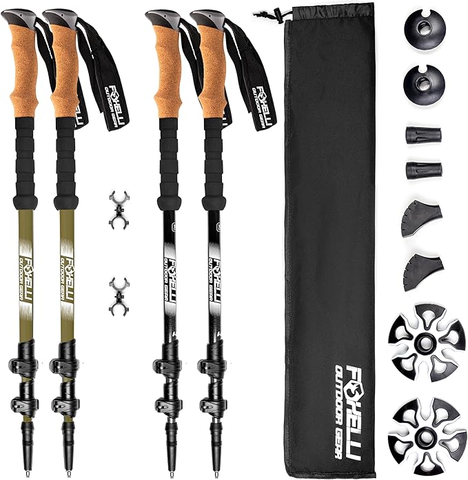 Foxelli Hiking Poles Bundle (2 Pairs) – Black & Khaki Collapsible Lightweight Carbon Fiber Trekking Poles with Accessories