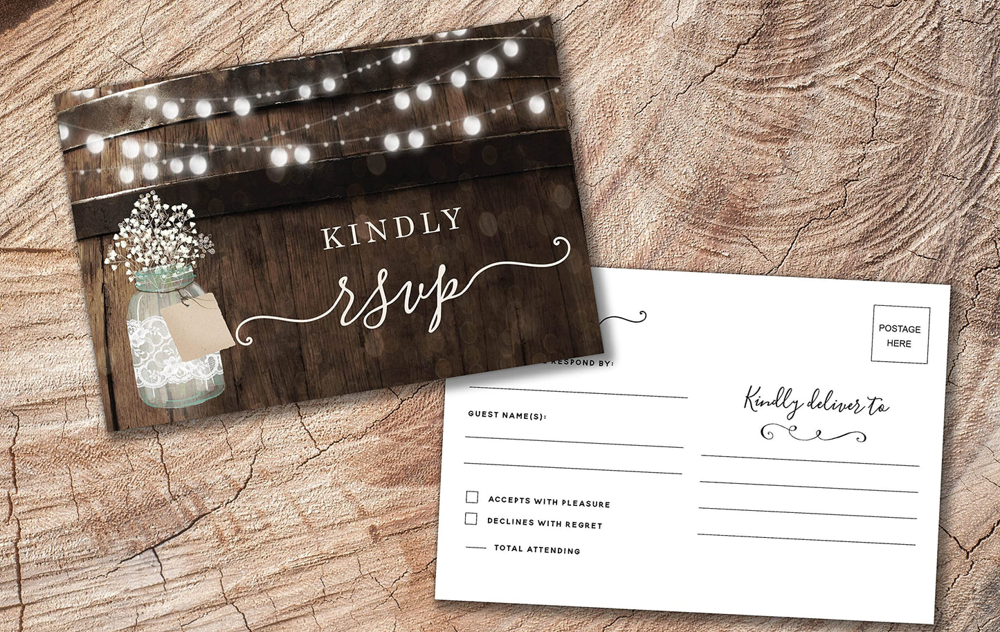 Your Main Event Prints 50 Rustic Mason Jar RSVP Postcards for Wedding, Response Cards, Reply Cards Perfect for Bridal Shower, Rehearsal Dinner, Engagement Party, Baby Shower