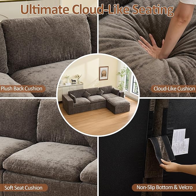 115''Cloud Boneless Sectional Couch, Modular Sectional Sofa Deep Seat with Ottoman, Oversized Upholstered Convertible Comfy 4 Seater Chenille Sofa L Shape Couches for Living Room, Brown