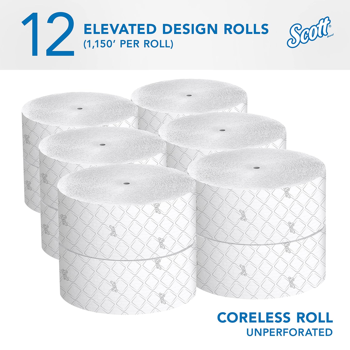 Scott Professional Coreless High-Capacity Jumbo Roll Toilet Paper, Bulk (07006), 2-Ply, Elevated Design, Septic Safe, White (12 Rolls at 1,150' Each, 13,800'/Case)