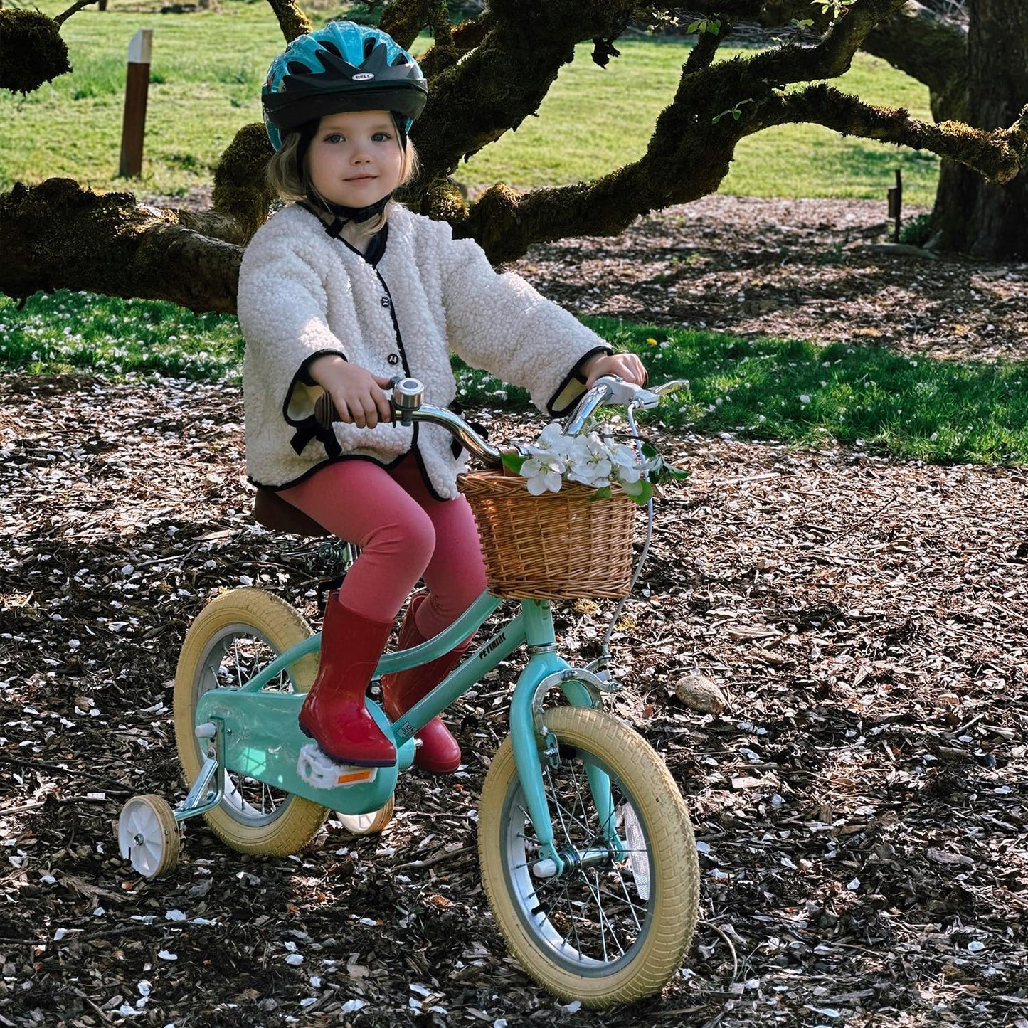 Petimini 16 Inch Little Kids Bike for Age 4 5 6 7 Years Old Girls Retro Vintage Style Bicycles with Basket Training Wheels and Bell, White