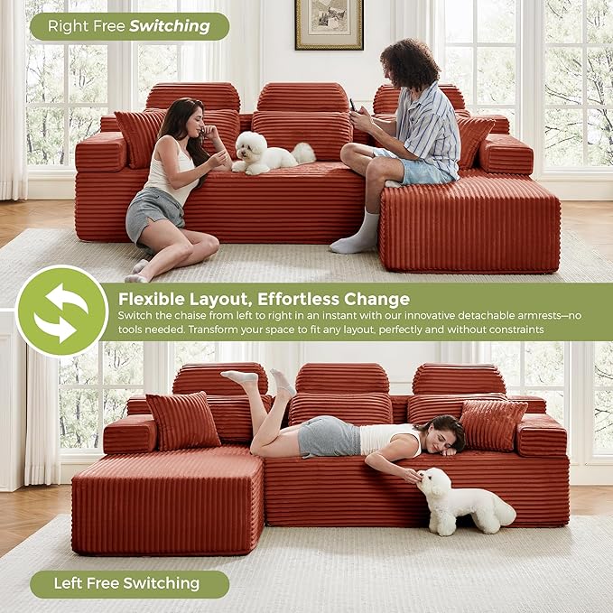 104" L-Shaped Cloud Modular Sectional Sofa with Chaise & Headrest, Boneless Deep Seat Plush Corduroy Couches for Large Living Room, No Assembly Required (Orange, 104" L-shapred Chaise)