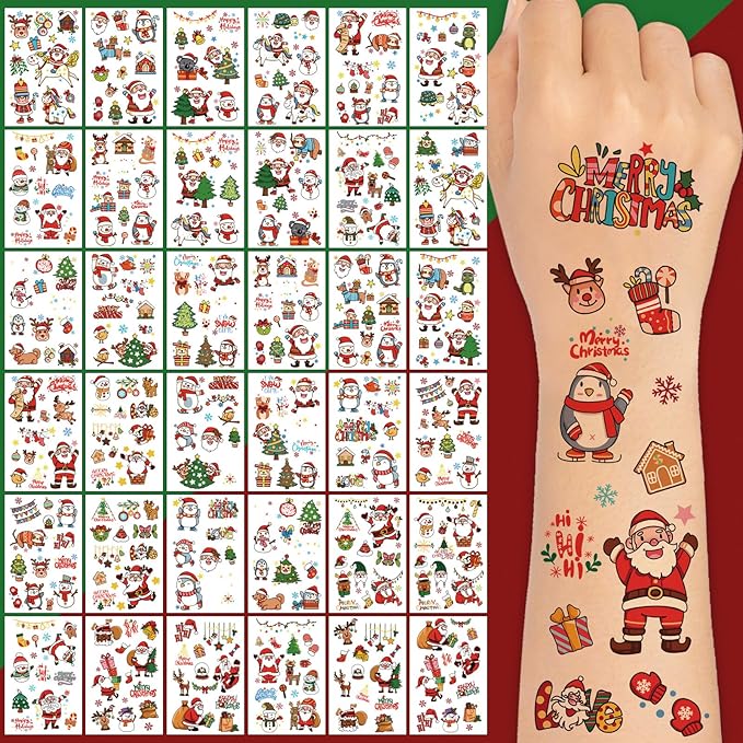 350+ PCS Christmas Temporary Tattoos for Kids, Xmas Santa Claus Snowman Penguin Elk Tattoos Stickers, Christmas Stocking Stuffers Fake Tattoos for Girls Boys, Party Supplies Favors Decors, 36 Sheets