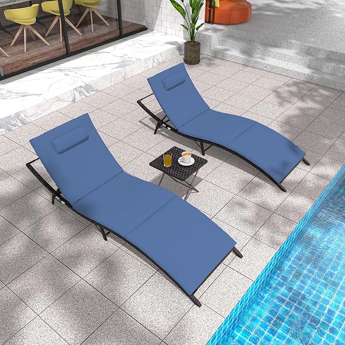 Trumbeak Patio Chaise Lounge Set 3 Pieces Pool Lounge Chairs,Cushioned Outdoor Folding Lounge Chair w/Rattan Adjustable Backrest for Poolside Porch,Folding Table Included,NavyBlue