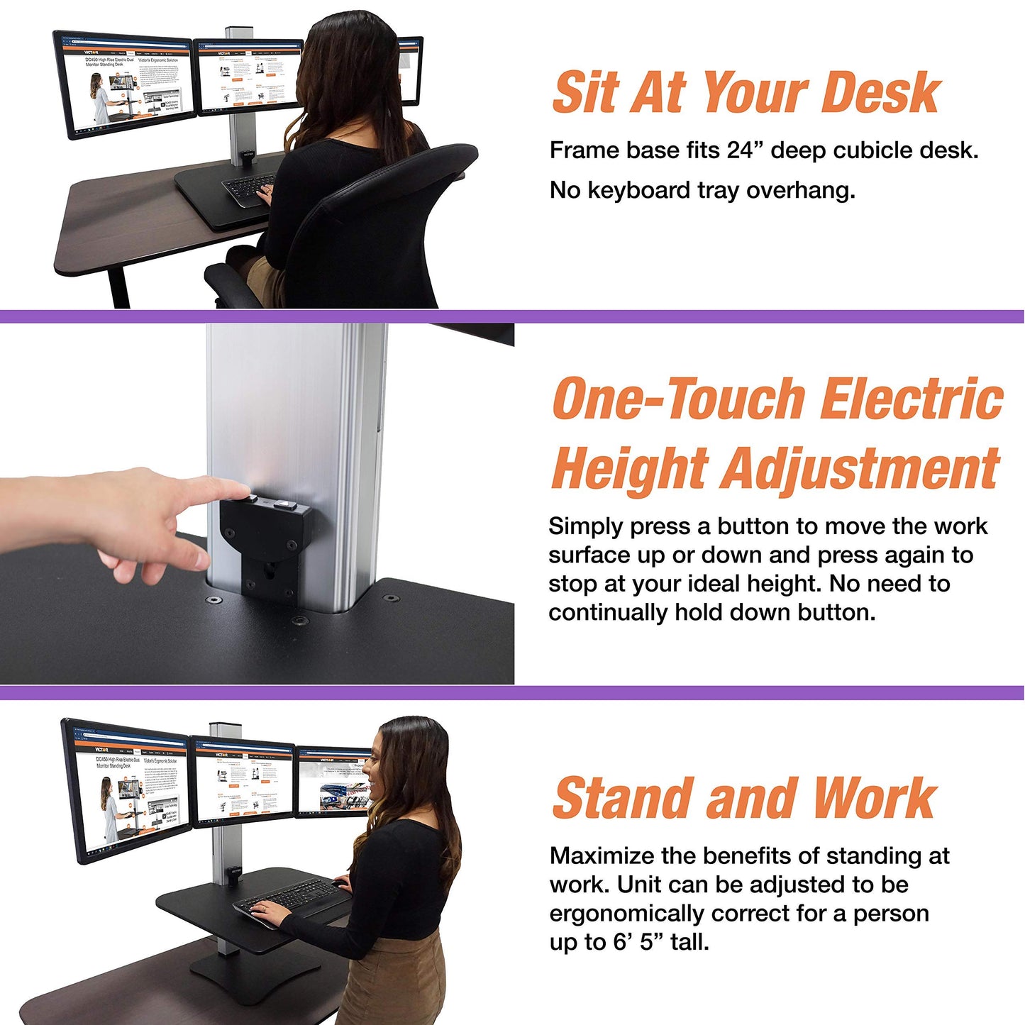 Victor DC475 High Rise Electric Triple Monitor Standing Desk Converter | Three Large Monitor Sit-Stand Desk | 28” Wide Work Surface | Compatible with Any Standard Desk | Adjustable Monitor Holder